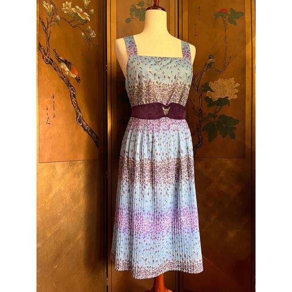 Vintage pleated dress with flowers in blue and purple, size L - Picture 2 of 7